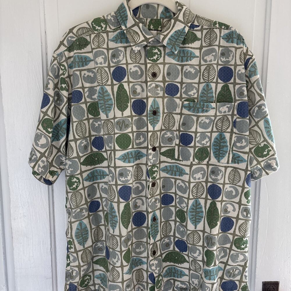 Vintage Chiamare Shirt Mens L Loop Collar SS Green Geometric Abstract Print